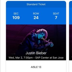 Two Justin Bieber concert tix, on 3/2/2022